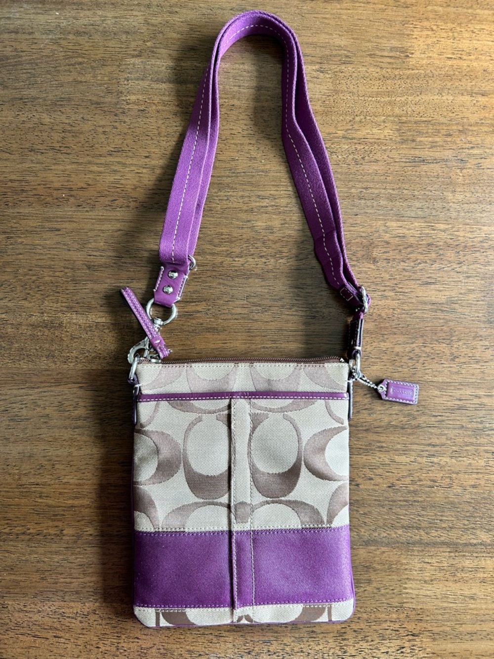 COACH Purple and Tan Signature C Stripe Canvas Crossbody Bag